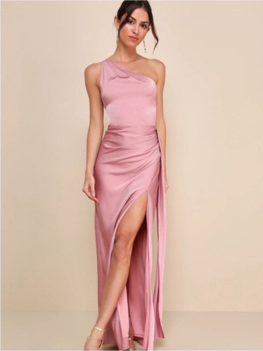 New Lulus Signature Elegance One-Shoulder Pink Satin Evening Dress Sz Small